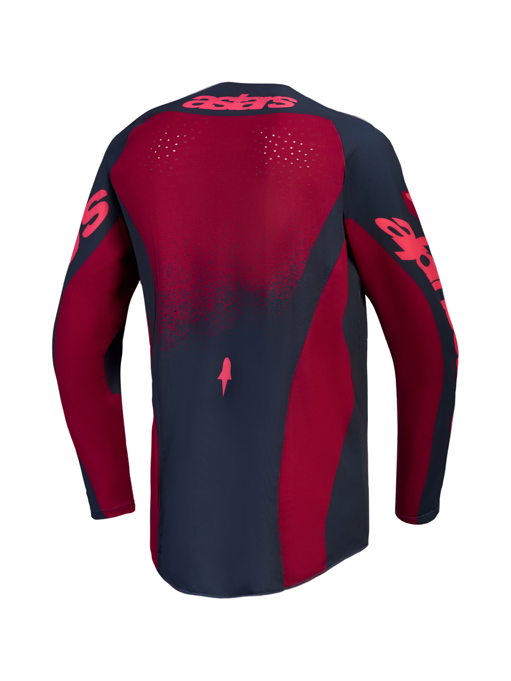Alpinestars Stella Techstar Swan tröja, röd och grå dam-motocrosströja med laserskuren ventilation, vy bakifrån för terrängkörning.