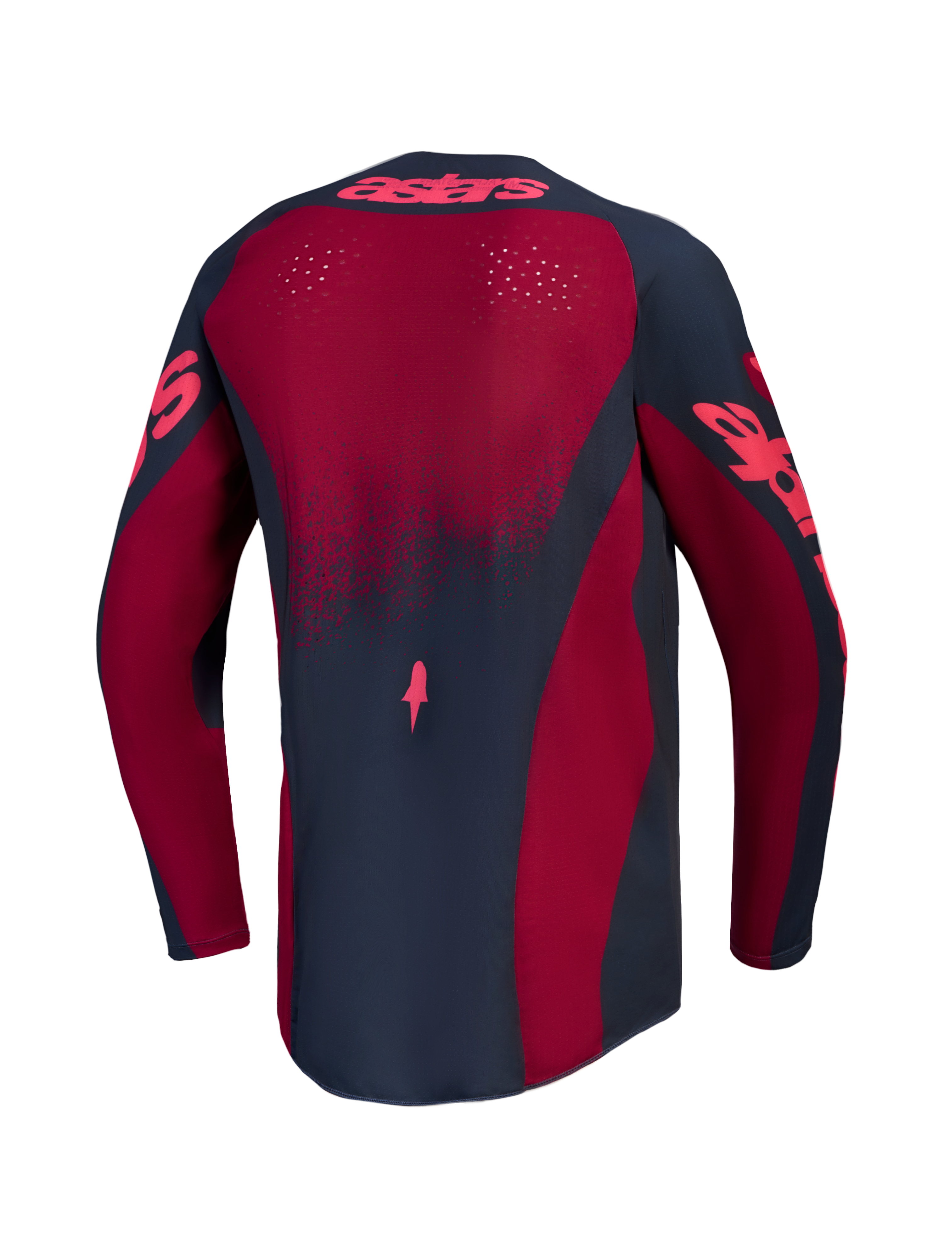 Alpinestars Stella Techstar Swan tröja, röd och grå dam-motocrosströja med laserskuren ventilation, vy bakifrån för terrängkörning.