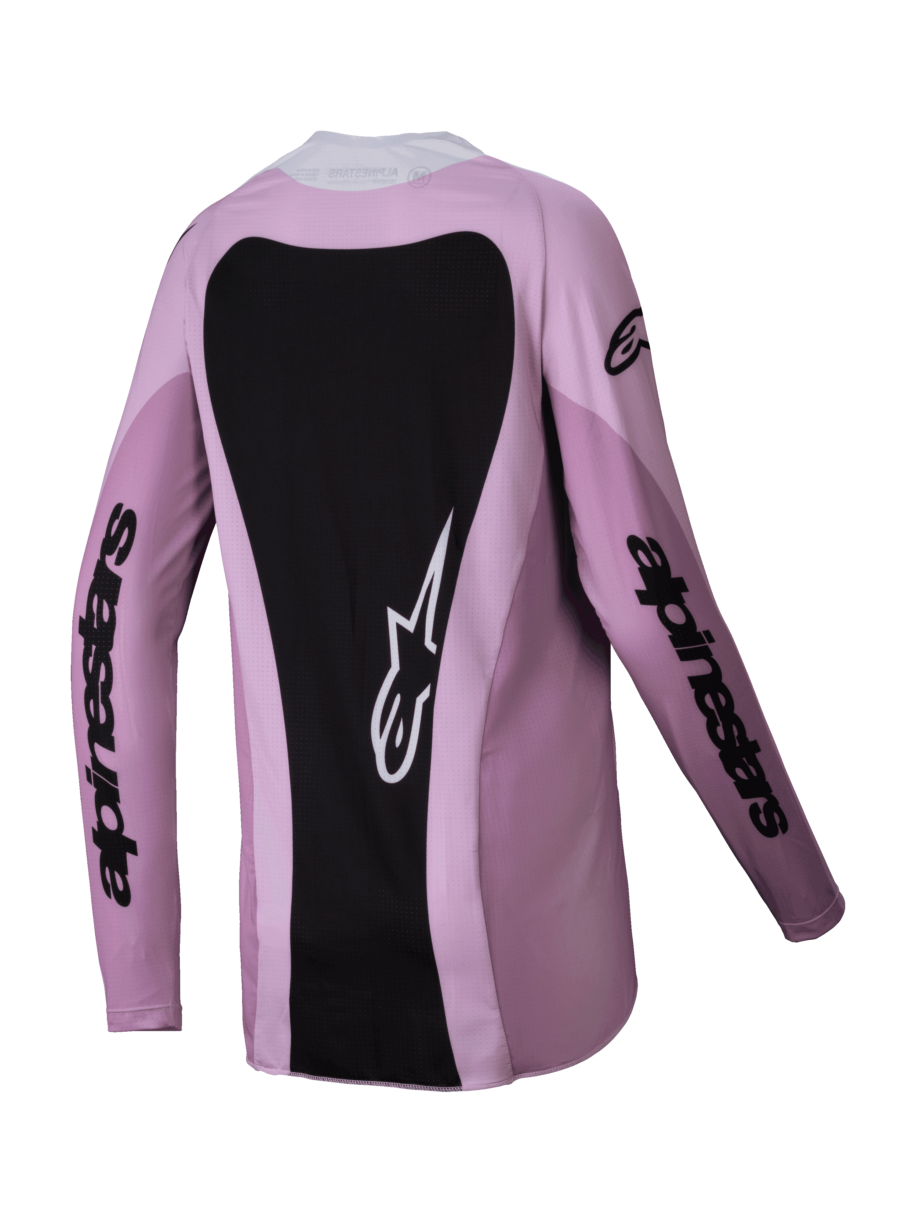 Alpinestars 2025 Woman Stella Techstar Melt Jersey, Motocross Jersey, Blush Black, rear view featuring a large black back panel with a white Astars logo, black sleeve branding, and lightweight poly-fabric construction for off-road racing