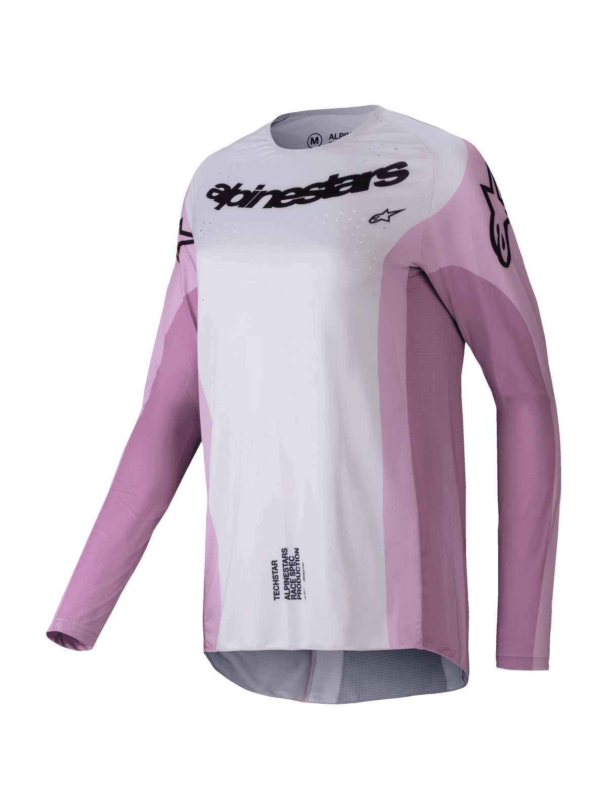 Alpinestars 2025 Stella Techstar Melt tröja, långärmad motocrosströja för damer, puderrosa och ljusgrå med svarta logotyper, laserskurna perforeringar för ventilation, atletiska racingkläder