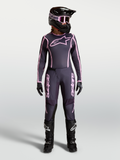 Alpinestars Stella Fluid Apex V2 dam-motocross-set i grått och rosa, komplett terrängutrustning med tröja och byxor.