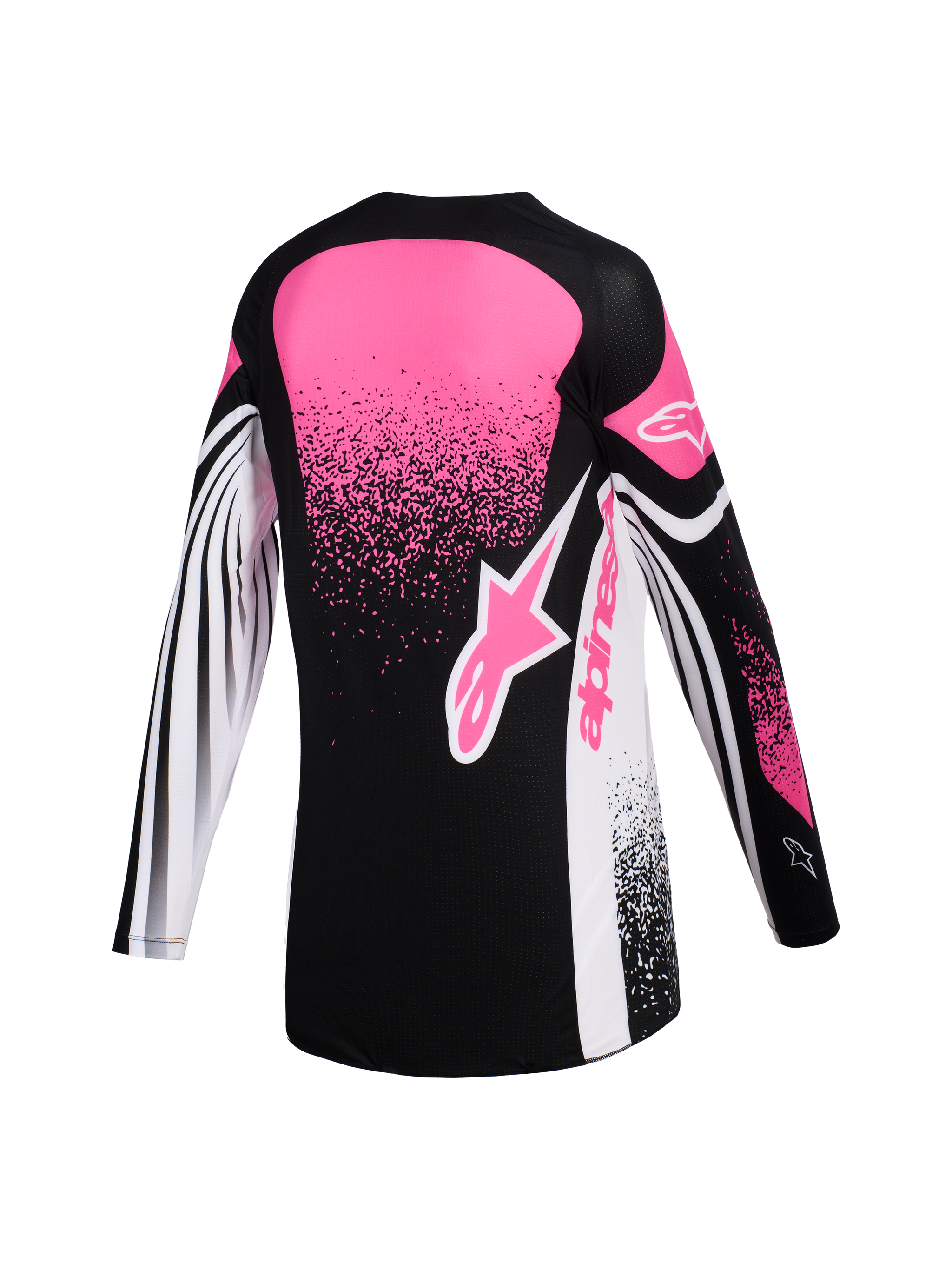 Alpinestars 2026 Woman Stella Techstar Nomur Jersey, Motocross Jersey, Black White and Fuchsia, back view showing vibrant pink panels with speckled graphics, white sleeves with black stripes, and Alpinestars branding
