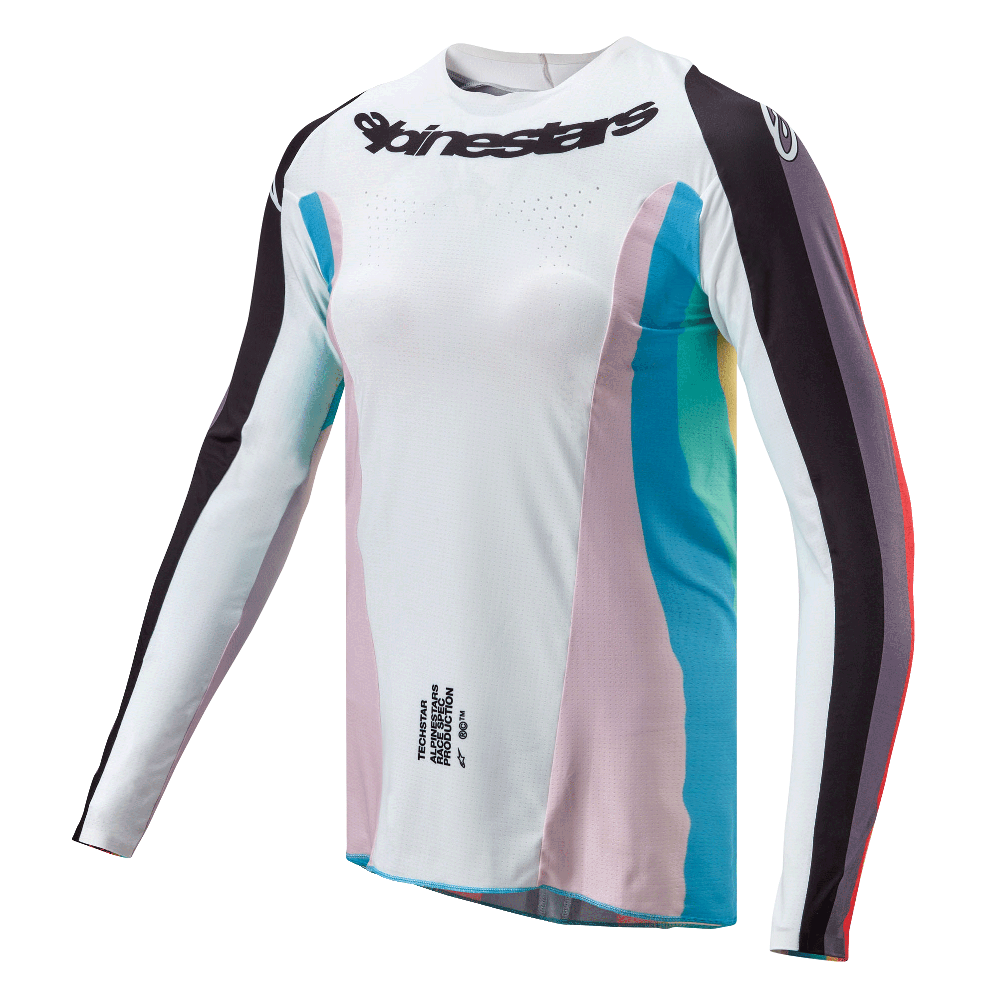 Alpinestars Stella Techstar-tröja 2024 för damer, motocrosströja, svart multifärgad, vit huvuddel med rosa och turkosa sidopaneler, svartrandiga ärmar, Alpinestars-logotyp på bröstet, atletisk dampassform med ventilationsperforeringar
