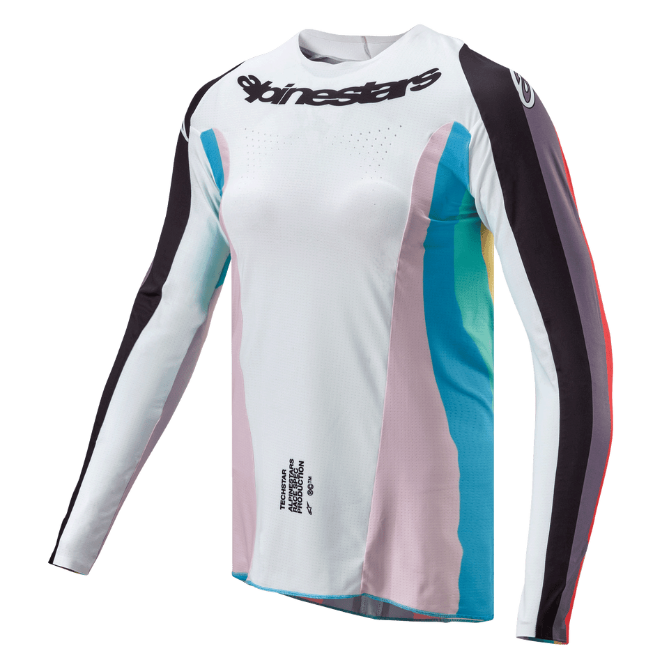 Alpinestars Stella Techstar-tröja 2024 för damer, motocrosströja, svart multifärgad, vit huvuddel med rosa och turkosa sidopaneler, svartrandiga ärmar, Alpinestars-logotyp på bröstet, atletisk dampassform med ventilationsperforeringar