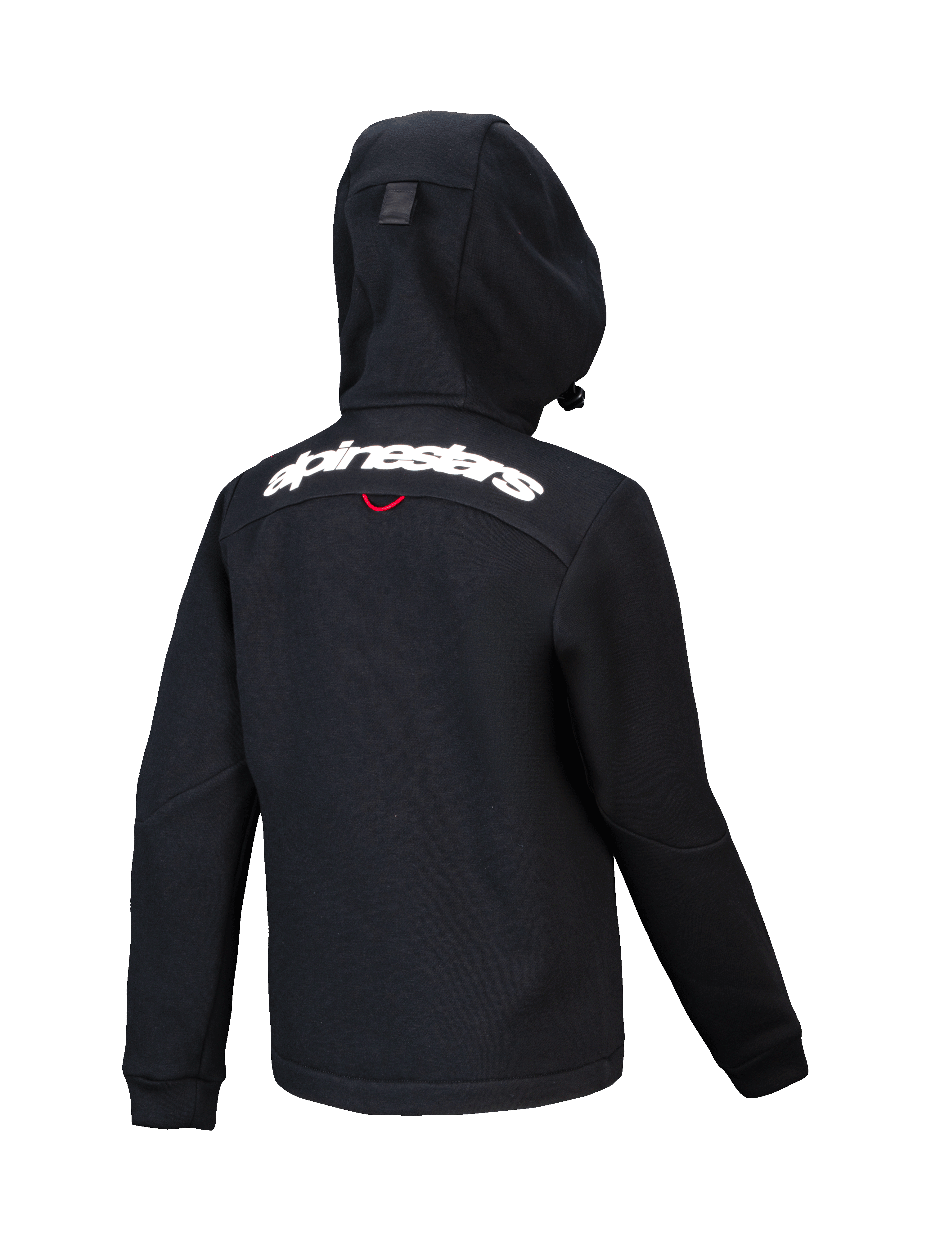 Alpinestars Youth Racer MX Fleece, black motocross hoodie, back view featuring white Alpinestars wordmark across the shoulders, structured fleece with compact hood, ergonomic design for off-road riding