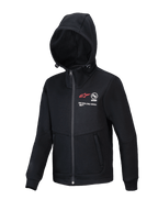 Alpinestars Youth Racer MX Fleece, Black Motocross Hoodie, full-zip jacket with adjustable hood, featuring red A-star logo and "ONE GOAL. ONE VISION." branding, zippered hand pockets, casual performance wear for youth riders