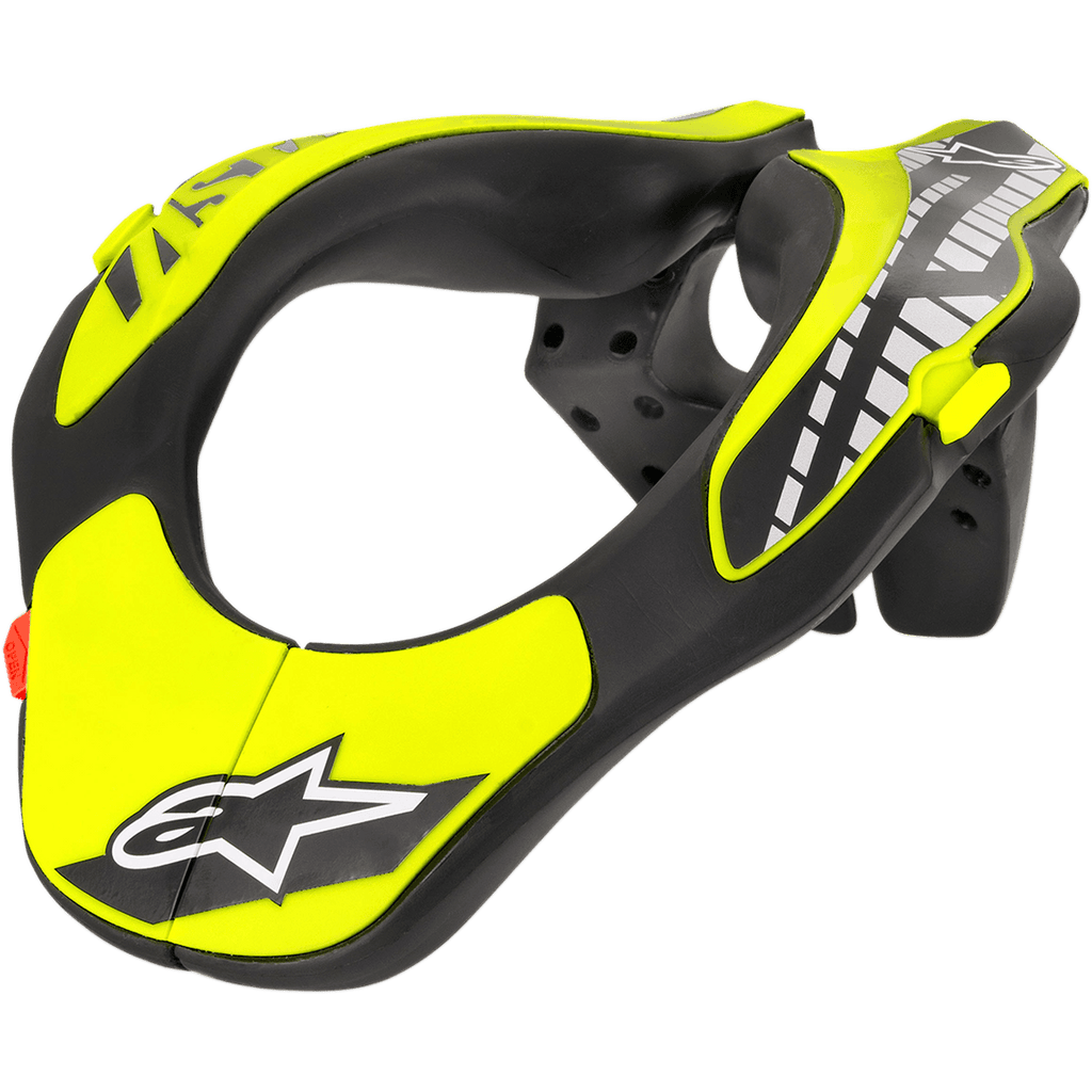 Alpinestars Youth Neck Support, nackskydd för ungdom, svart och neongul, med en ergonomiskt utformad ram och Alpinestars stjärnlogotyp, lättviktskonstruktion för motocross och terrängkörning