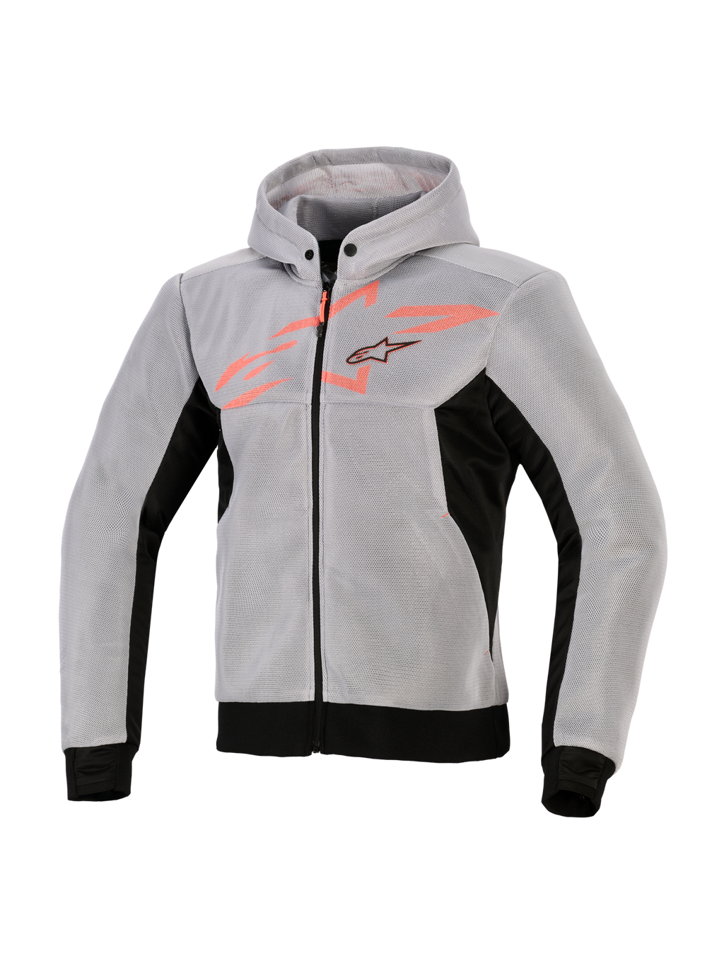 Alpinestars Chrome Superairflow Hoodie, teknisk körtröja, svart, mellangrå och fluo-röd, 3D-teknisk mesh-konstruktion, ljusgrå med svarta sidopaneler och nederkant, fluo-röd bröstgrafik med Alpinestars stjärnlogotyp, sportig motorcykelutrustning