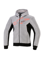 Alpinestars Chrome Superairflow Hoodie, teknisk körtröja, svart, mellangrå och fluo-röd, 3D-teknisk mesh-konstruktion, ljusgrå med svarta sidopaneler och nederkant, fluo-röd bröstgrafik med Alpinestars stjärnlogotyp, sportig motorcykelutrustning