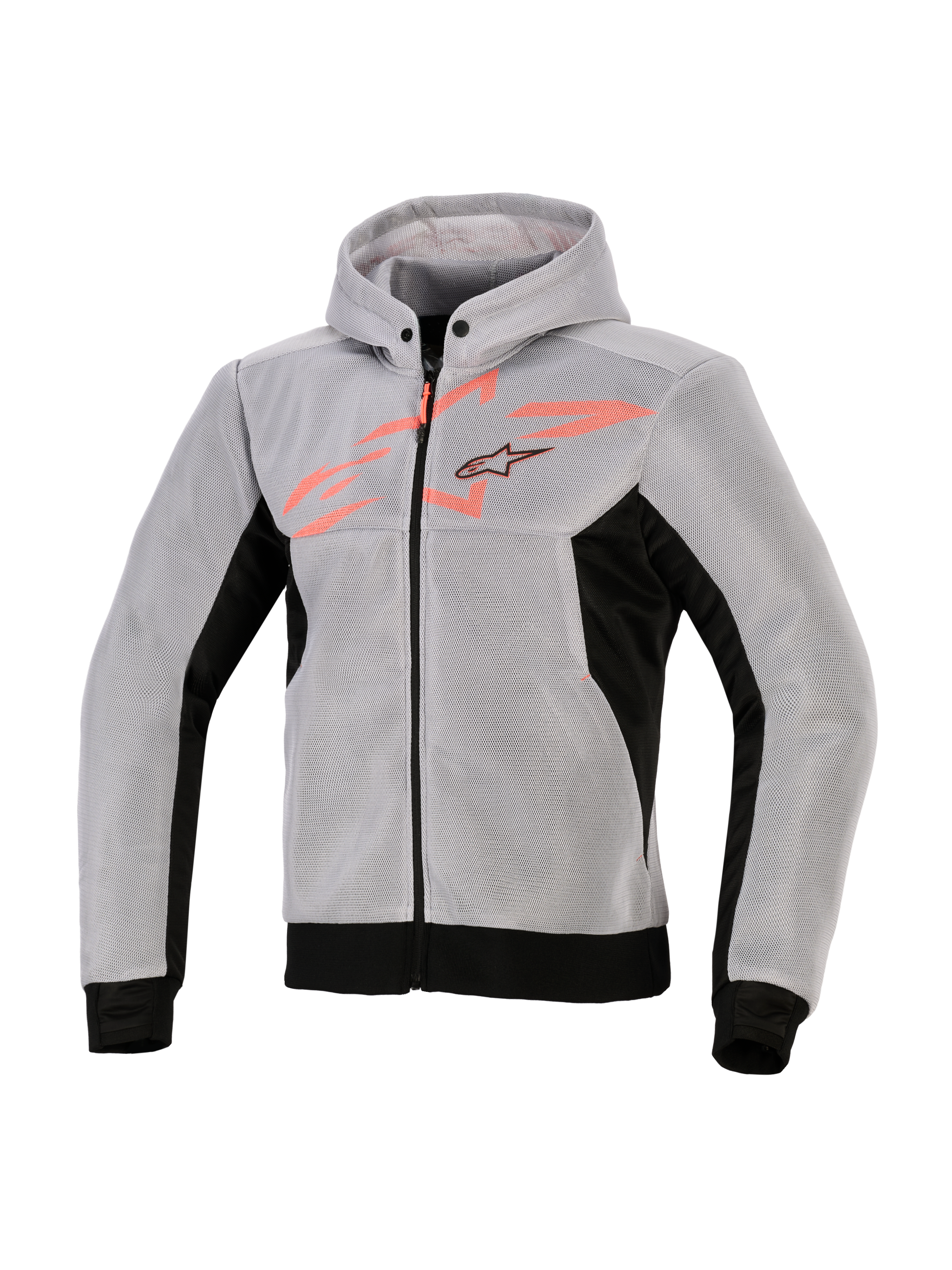 Alpinestars Chrome Superairflow Hoodie, teknisk körtröja, svart, mellangrå och fluo-röd, 3D-teknisk mesh-konstruktion, ljusgrå med svarta sidopaneler och nederkant, fluo-röd bröstgrafik med Alpinestars stjärnlogotyp, sportig motorcykelutrustning