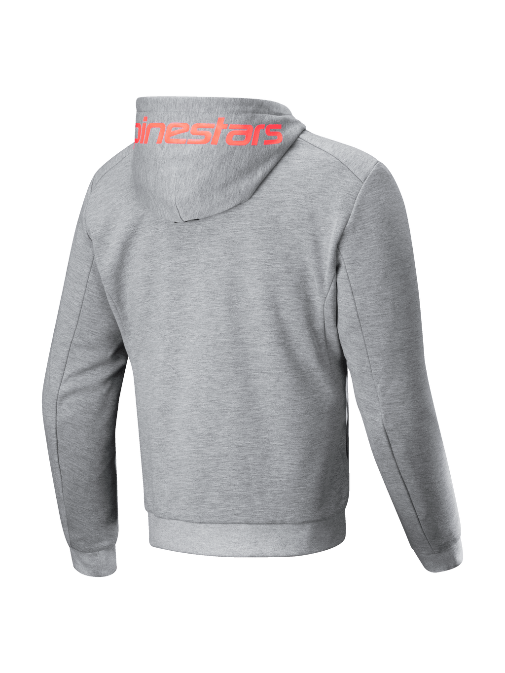 Alpinestars Chrome V2 Sport jacka med huva, urban motorcykeljacka för herrar, grå med röd logotyp på huvan, teknisk fleece konstruktion, vy bakifrån.
