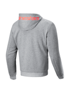 Alpinestars Chrome V2 Sport jacka med huva, urban motorcykeljacka för herrar, grå med röd logotyp på huvan, teknisk fleece konstruktion, vy bakifrån.
