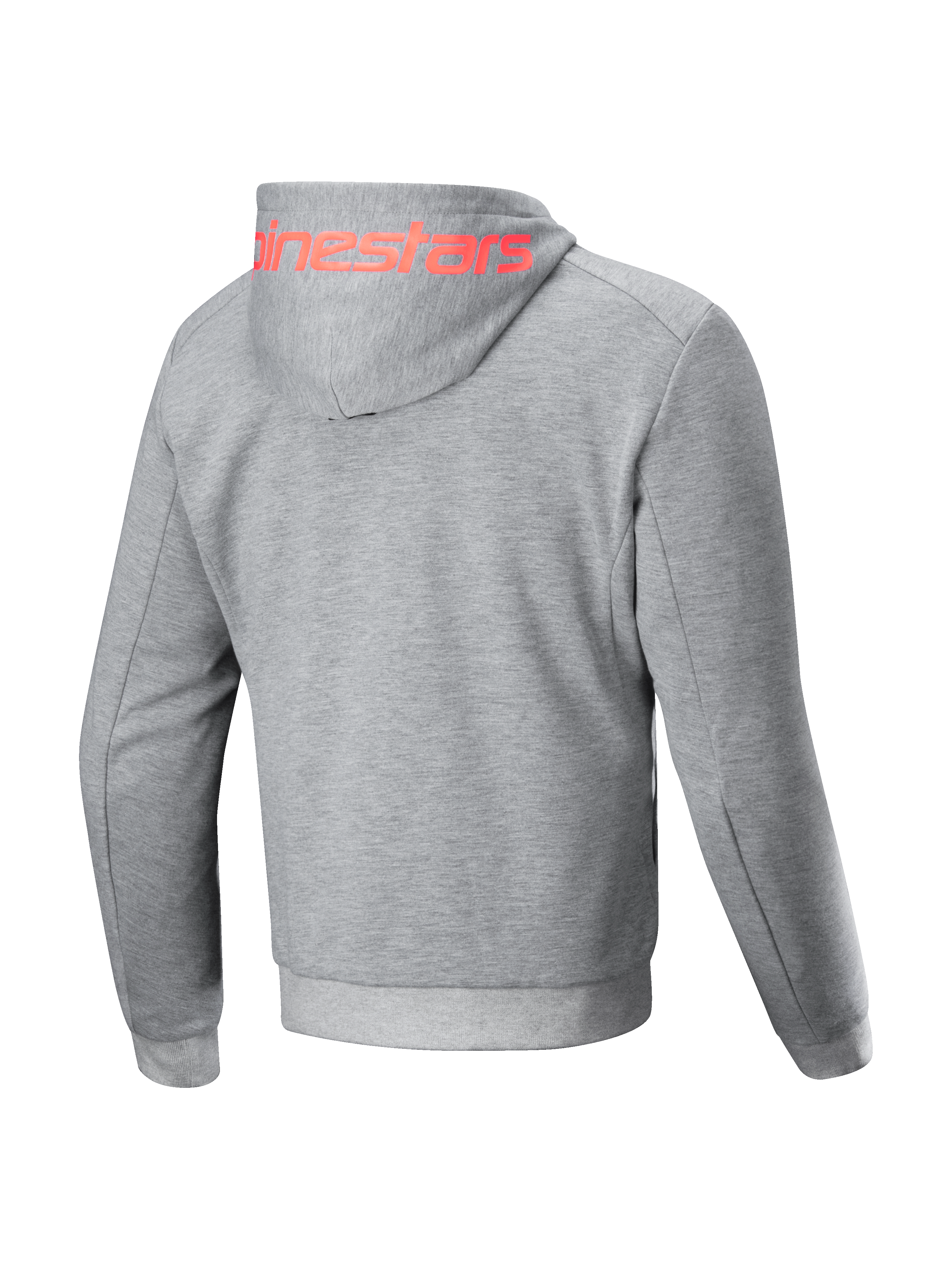 Alpinestars Chrome V2 Sport jacka med huva, urban motorcykeljacka för herrar, grå med röd logotyp på huvan, teknisk fleece konstruktion, vy bakifrån.