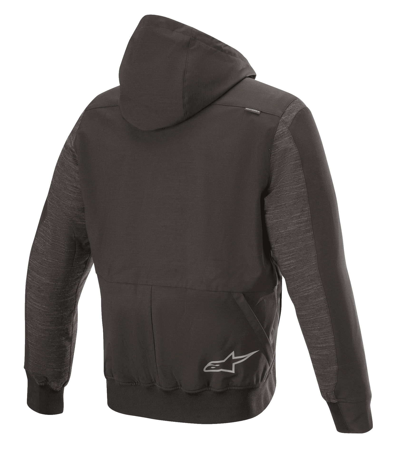 Alpinestars Rhod Windstopper Hoodie, Urban Motorcycle Riding Jacket, Melange Black, rear view featuring a detachable hood, ribbed cuffs and hem, and a subtle star logo on the back.