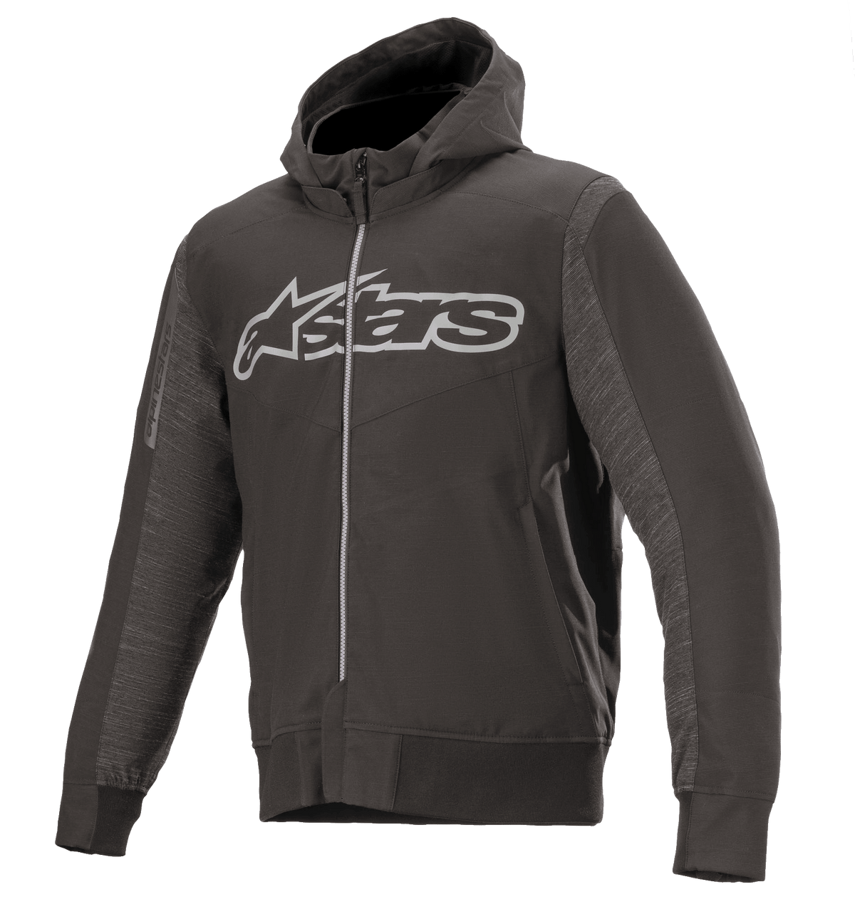 Alpinestars Rhod Windstopper Hoodie, melerad svart och mörkgrå, stor ljusgrå Astars-logotyp på bröstet, motorcykeljacka med huva och hel dragkedja, texturerade sidopaneler, ribbade muddar och midja, urban skyddsutrustning för mc-körning