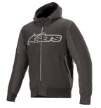 Alpinestars Rhod Windstopper Hoodie, Melange Black and Dark Gray, Large Light Gray Astars Logo on Chest, Full-Zip Hooded Motorcycle Jacket, Textured Side Panels, Ribbed Cuffs and Waistband, Urban Protective Riding Gear