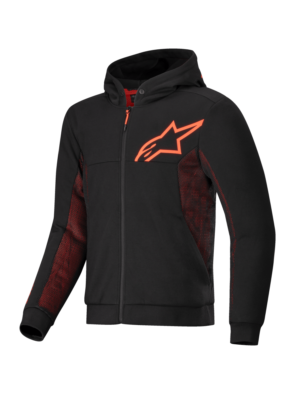 Alpinestars Chrome Air Sport Hoodie, CE Certified Motorcycle Jacket for Urban Riding, Black and Red Fluo, featuring tech fleece construction, airflow mesh panels, and aramidic reinforcements