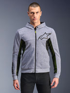Alpinestars Chrome Air Sport Hoodie, Gray Heather and Black, full-zip urban riding hoodie with black star logo, prominent black and yellow mesh side panels, motorsport-inspired casual streetwear