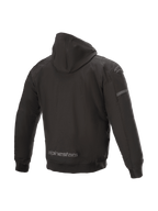 Alpinestars Sektor Tech V2 jacka med huva, svart urban motorcykeljacka, vindresistent skal med 3D-axelinsatser, vy bakifrån.