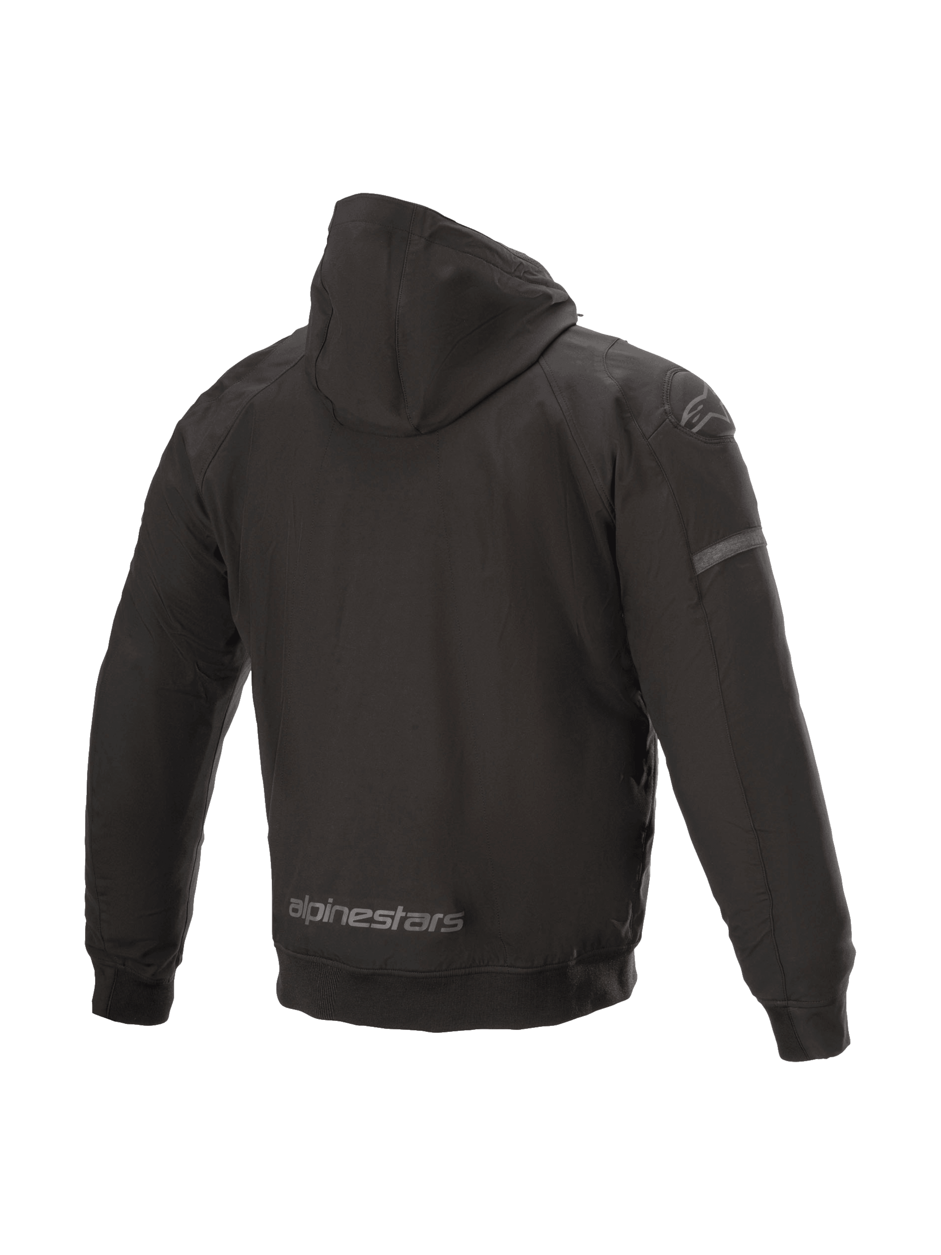 Alpinestars Sektor Tech V2 jacka med huva, svart urban motorcykeljacka, vindresistent skal med 3D-axelinsatser, vy bakifrån.