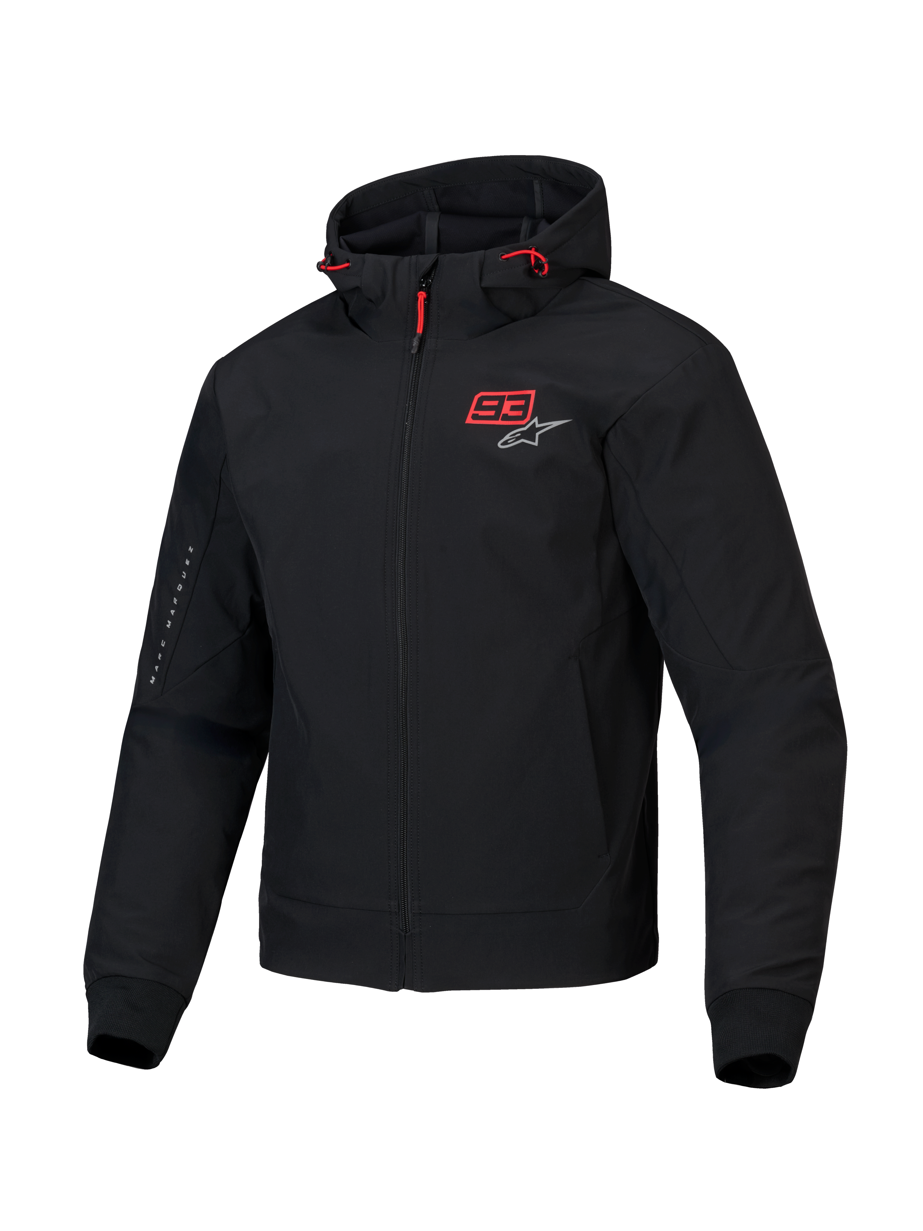 Alpinestars MM93 Radium Tech Jacka med huva, svart mc-jacka med röda detaljer och MM93-logotyp, vindtät 3-lagerskonstruktion med skydd