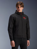 MM93 Radium Tech Hoodie, black urban motorcycle zip-up jacket, red 93 and white Alpinestars logo on chest, worn by model with black pants, featuring a removable hood with red drawstrings and sleeve branding, casual motorsport-inspired design