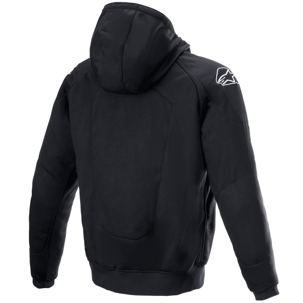 Alpinestars Chrome Ignition Hoodie, motorcykelhoodie, svart, vy bakifrån med en vit Alpinestars-logotyp på höger axel, avslappnad urban design med ribbade muddar och fåll, skyddande textilplagg för stadskörning
