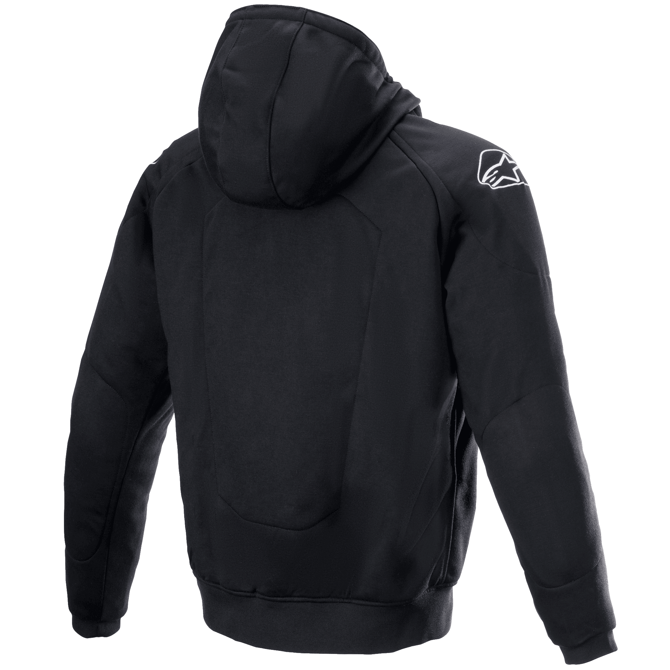 Alpinestars Chrome Ignition Hoodie, motorcykelhoodie, svart, vy bakifrån med en vit Alpinestars-logotyp på höger axel, avslappnad urban design med ribbade muddar och fåll, skyddande textilplagg för stadskörning
