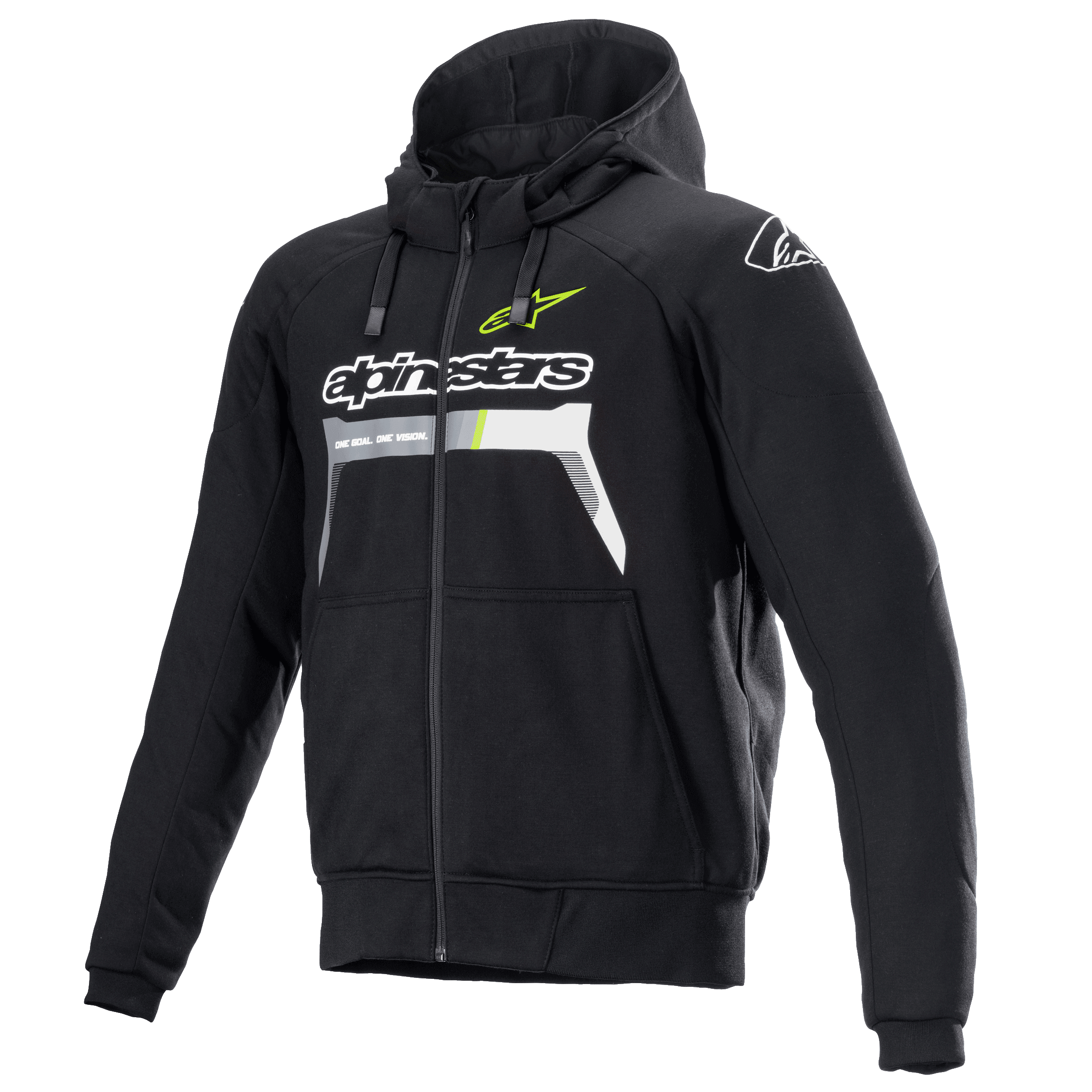 Alpinestars Chrome Ignition Hoodie, svart mc-huvtröja med dragkedja, vita och gul-fluo logotyper, dragkedja fram, justerbar huva, två framfickor, urban mc-utrustning