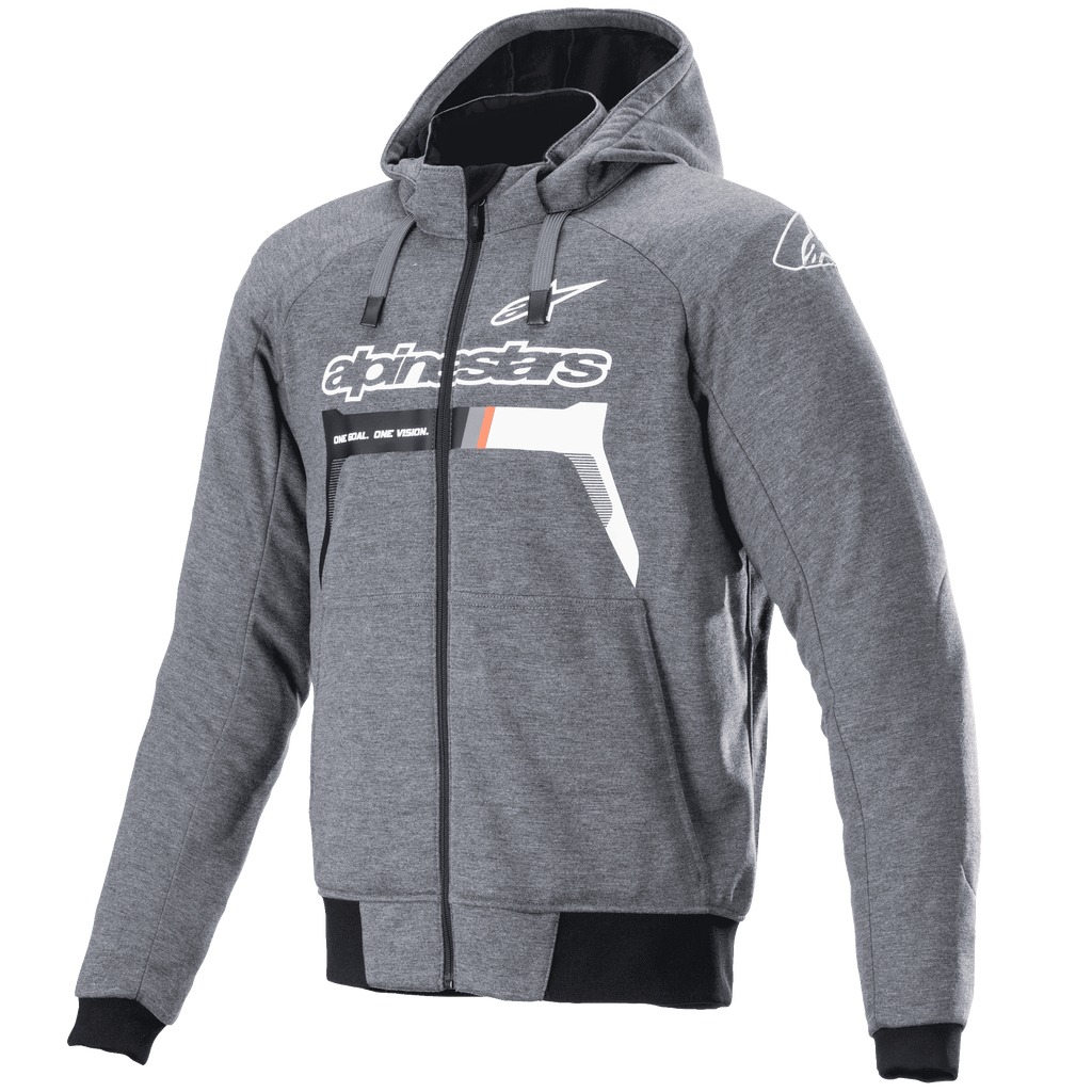 Alpinestars Chrome Ignition Hoodie, Melange Dark Gray White, Zip-Up Motorcycle Hoodie, White Alpinestars logo and text on chest with orange details, black ribbed cuffs and waistband, casual urban riding gear
