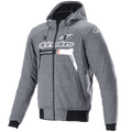 Alpinestars Chrome Ignition Hoodie, Melange Dark Gray White, Zip-Up Motorcycle Hoodie, White Alpinestars logo and text on chest with orange details, black ribbed cuffs and waistband, casual urban riding gear