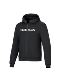 Honda Chrome V3 Sport Hoodie, Black Hooded Jacket with Front Zipper, White HONDA Logo and Red Alpinestars Star on Chest, Long Sleeves with Ribbed Cuffs, Red Hood Lining, Urban Motorcycle Riding Apparel