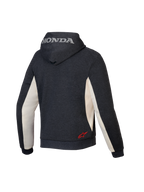 Alpinestars Honda Chrome V3 Sport Hoodie, urban motorcykelhoodie, Anthracite Melange och Off White, vy bakifrån som visar silverfärgad Honda-logotyp på huvan och röd Alpinestars-stjärnlogotyp på nedre delen av ryggen, teknisk fleecekonstruktion
