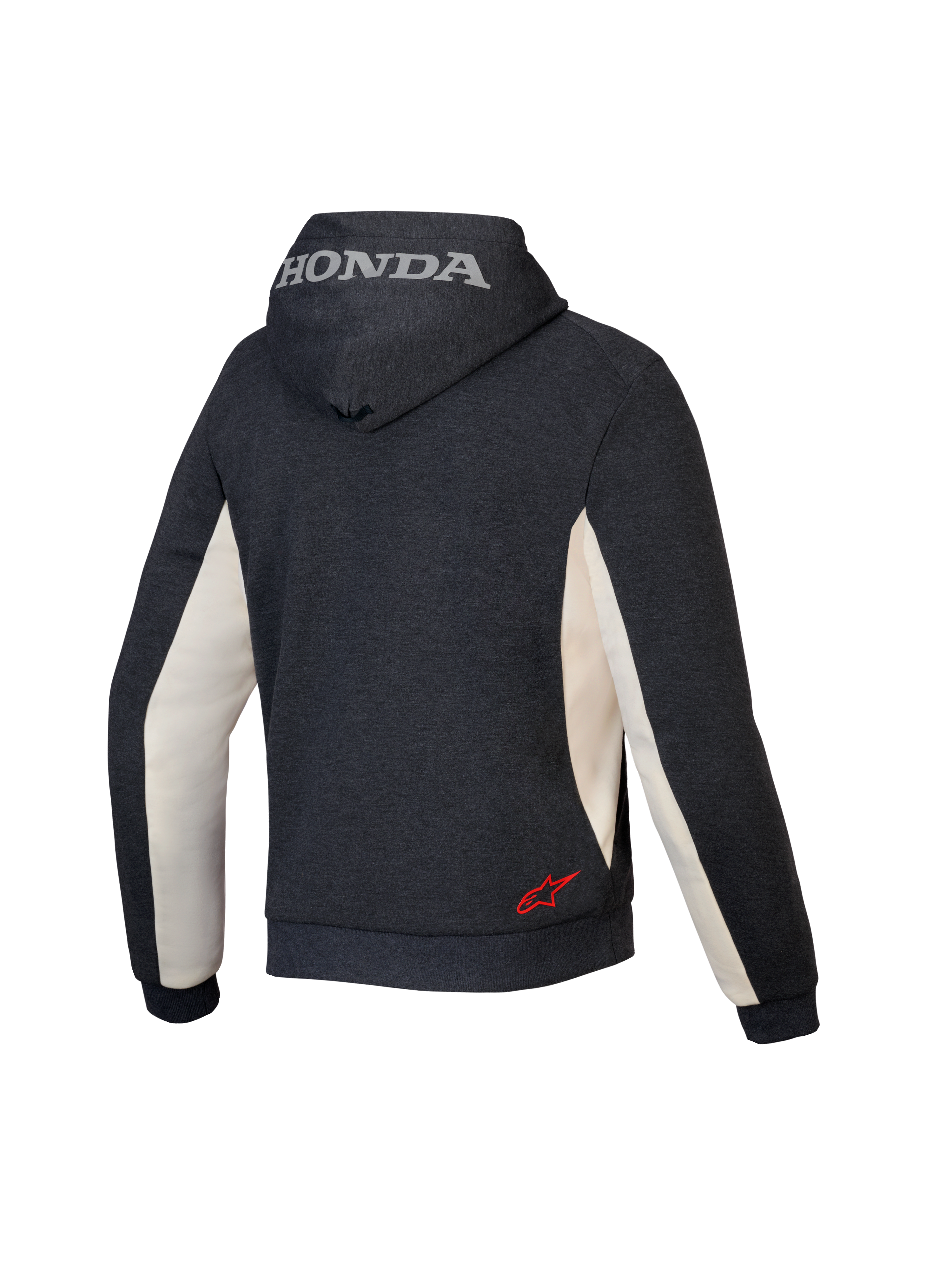Alpinestars Honda Chrome V3 Sport Hoodie, urban motorcykelhoodie, Anthracite Melange och Off White, vy bakifrån som visar silverfärgad Honda-logotyp på huvan och röd Alpinestars-stjärnlogotyp på nedre delen av ryggen, teknisk fleecekonstruktion