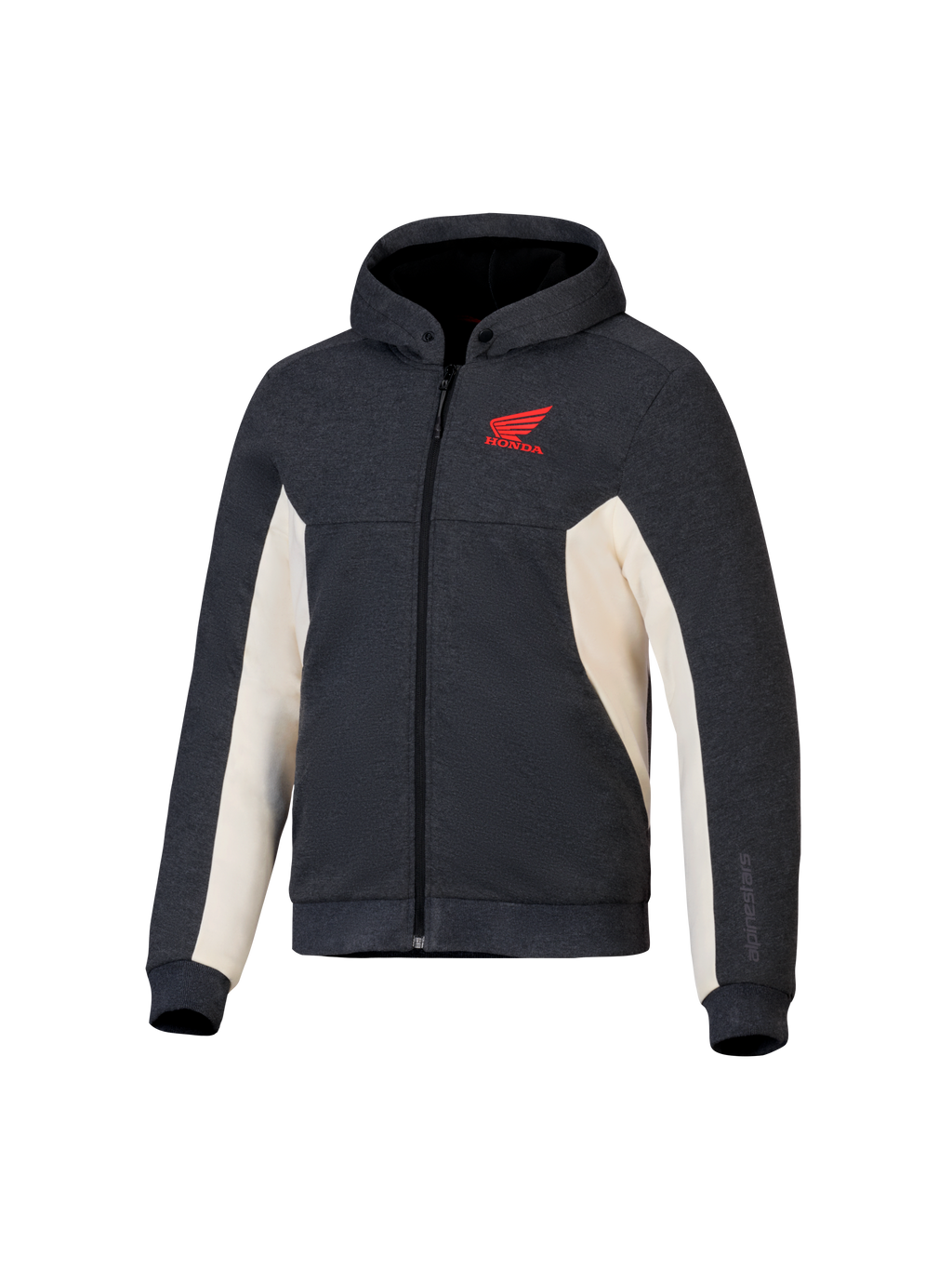 Alpinestars Honda Chrome V3 Sport Hoodie, Anthracite Melange och Off White, röd Honda-vinglogotyp på bröstet, teknisk fleece med hel dragkedja, huva med tryckknappar och ribbade muddar, urban motorcykelutrustning för stadskörning