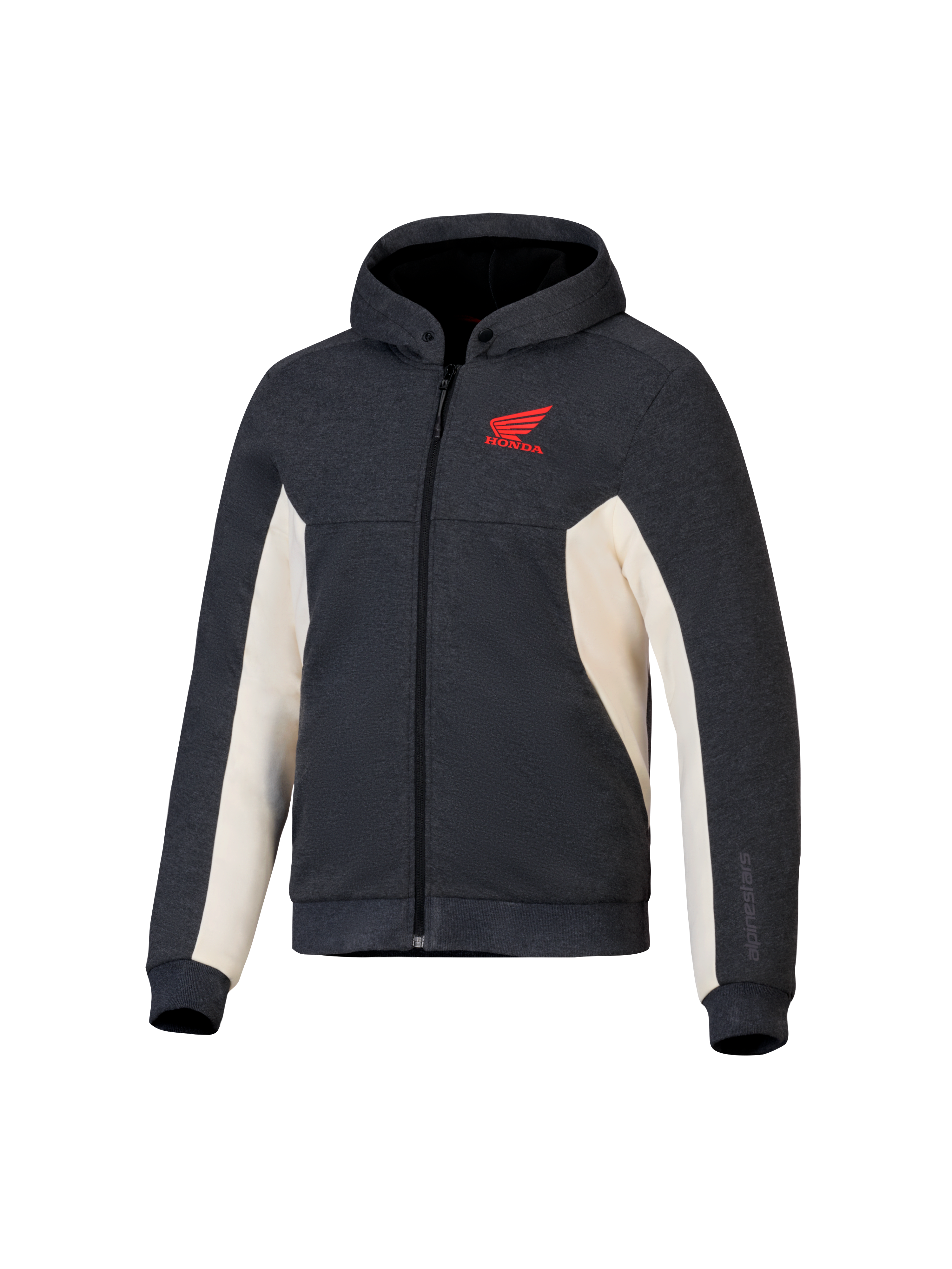 Alpinestars Honda Chrome V3 Sport Hoodie, Anthracite Melange and Off White, Red Honda Wing logo on the chest, Full-zip tech fleece with snap-button hood and ribbed cuffs, casual urban motorcycle riding gear