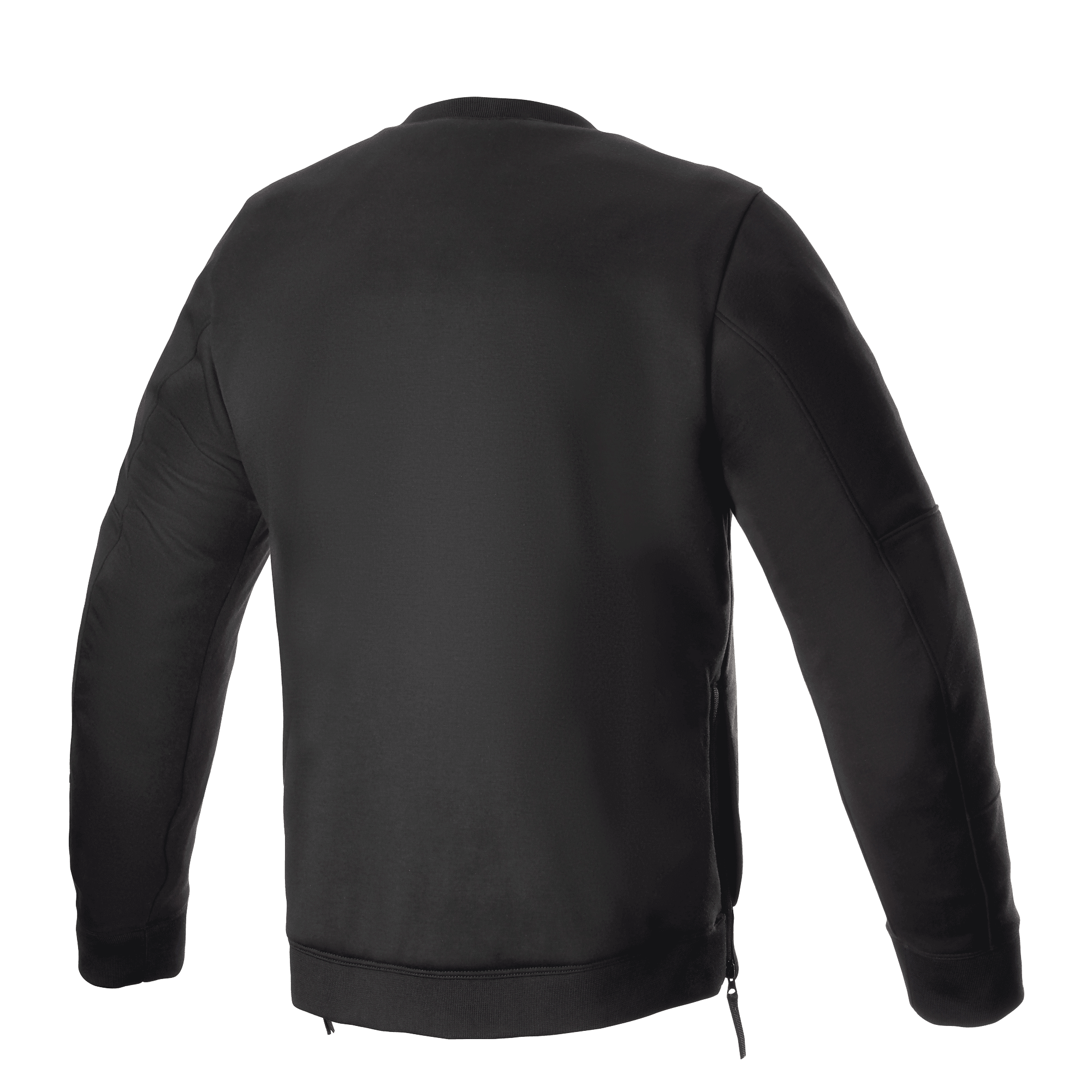 Alpinestars Legit Crew Fleece, svart, baksida av urban motorcykeltröja, rund halsringning med ribbade ärmslut och nederkant, sidodragkedjor för enkel på- och avtagning, casual skyddsutrustning för förare