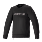 Alpinestars Legit Crew Fleece, urban motorcykeljacka, svart och cool gray, pullover med rund halsringning och metallisk logotyp på bröstet, sidodragkedjor, ribbade muddar och fåll, avslappnad körutrustning