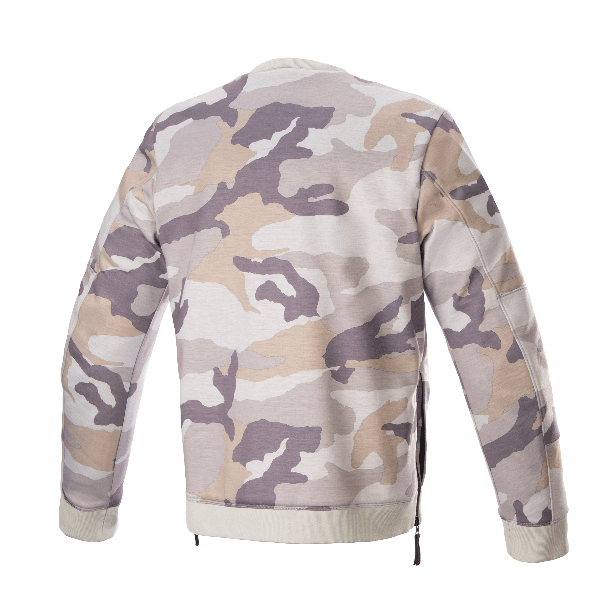 Alpinestars Legit Crew Fleece, Motorcycle Pullover, Light Gray Camo, back view, camouflage pattern in shades of gray and beige, ribbed collar and hem, side zippers, casual urban riding gear