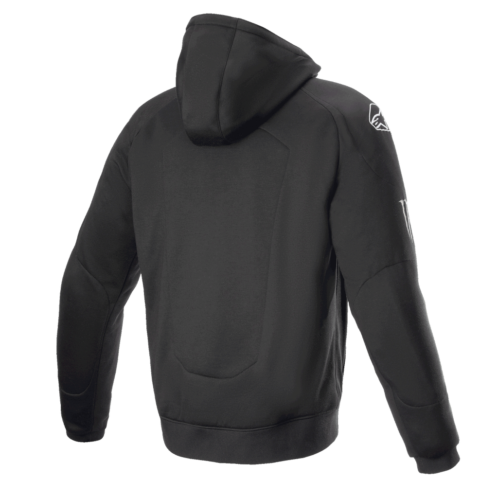 Alpinestars FQ20 Chrome Ignition Monster Hoodie, svart motorcykelhoodie, baksida, vit Alpinestars-logotyp på axeln, Monster Energy-logotyp på ärmen, avslappnad urban design med skyddande textilkonstruktion