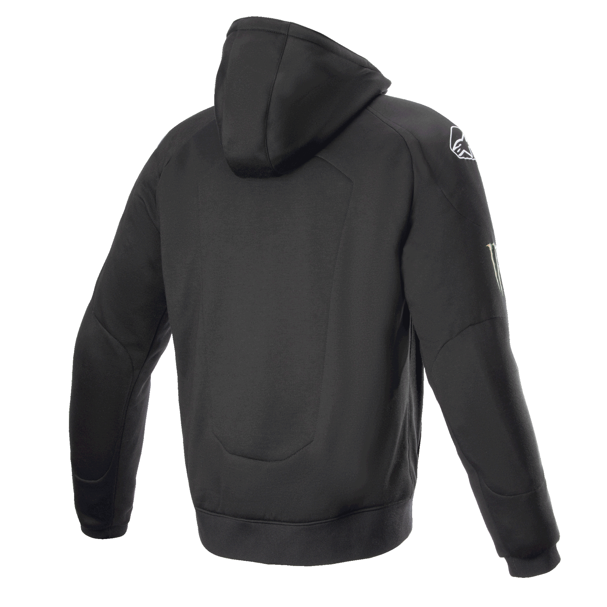 Alpinestars FQ20 Chrome Ignition Monster Hoodie, svart motorcykelhoodie, baksida, vit Alpinestars-logotyp på axeln, Monster Energy-logotyp på ärmen, avslappnad urban design med skyddande textilkonstruktion