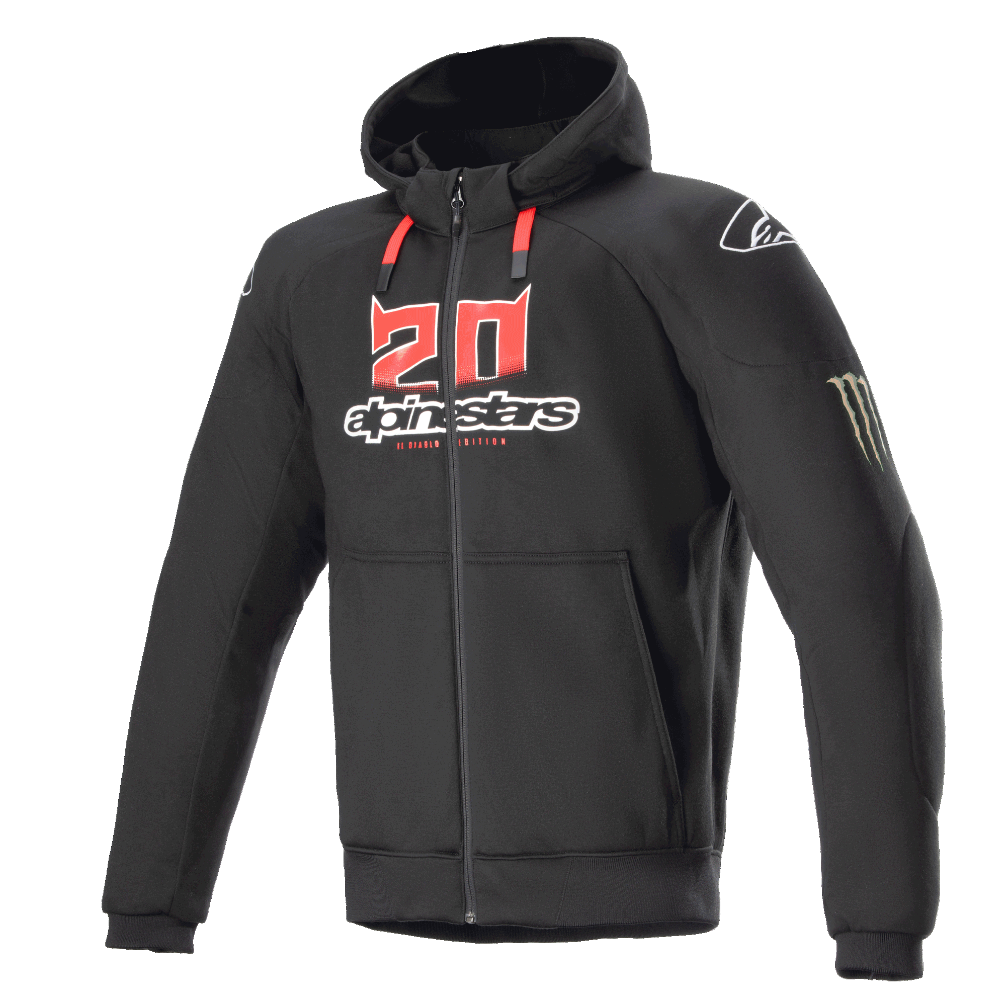 Alpinestars FQ20 Chrome Ignition Monster Hoodie, svart motorcykeltröja med dragkedja, röd och vit "20"-logotyp på bröstet, Alpinestars ordmärke, röda dragsnören, vit logotyp på axeln, Monster Energy-klomärke på ärmen, skyddande utrustning för stadskörning