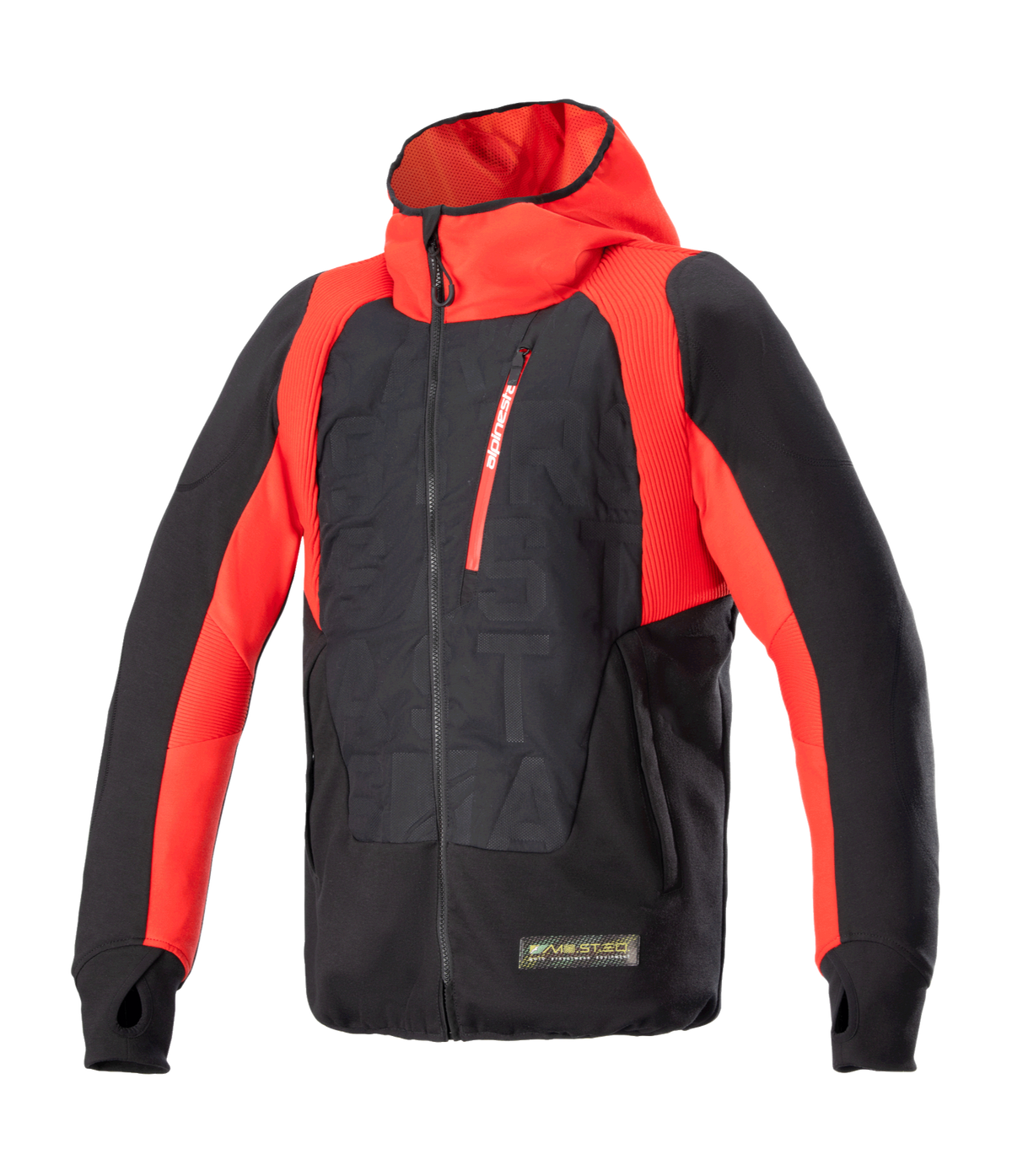 Alpinestars MO.ST.EQ Hybrid Hooded Jacket, Black and Flame Red, technical motorcycle hoodie with angled front zipper, red chest pocket, embossed pattern on torso, and thumb loops, blending urban streetwear with protective riding gear