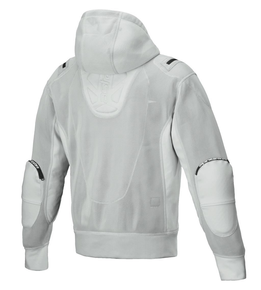 Alpinestars Moflow Air Tech Hoodie, motorcykeljacka för herrar, grå, ryggvy med heltäckande högdensitetsmesh, meshhuva, förstärkta armbågspaneler och diskret Alpinestars-branding, urban tech-wear-design