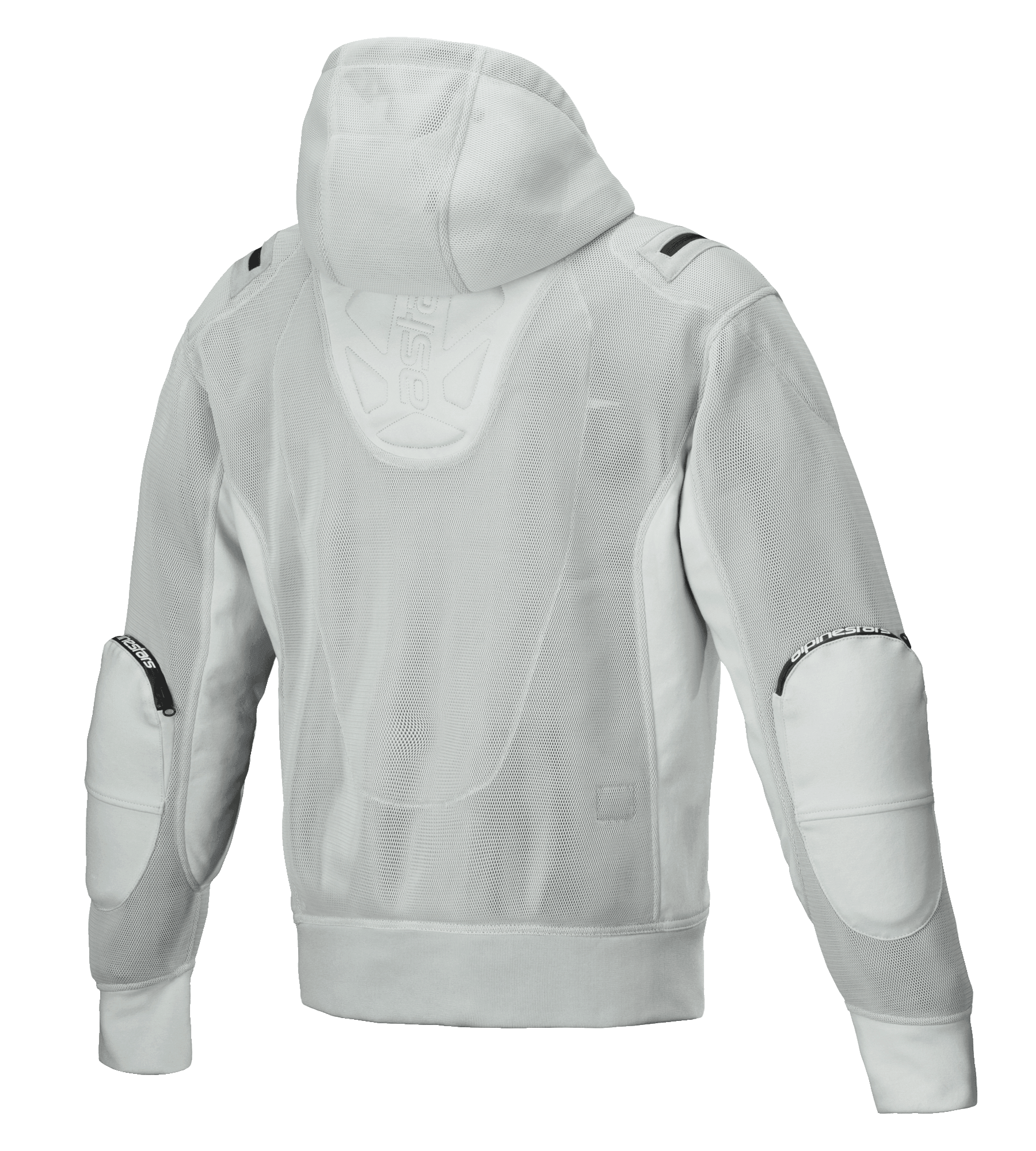 Alpinestars Moflow Air Tech Hoodie, motorcykeljacka för herrar, grå, ryggvy med heltäckande högdensitetsmesh, meshhuva, förstärkta armbågspaneler och diskret Alpinestars-branding, urban tech-wear-design