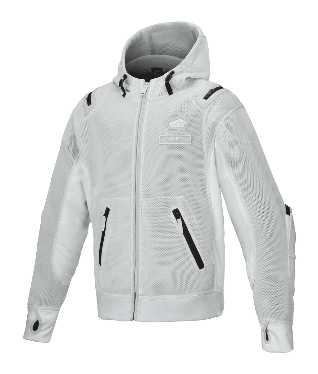 Alpinestars Moflow Air Tech Hoodie, motorcykeljacka i mesh för herrar, ljusgrå med svarta detaljer, fullständig meshkonstruktion, fickor med dragkedja, ärmslut med tumhål, urban körutrustning