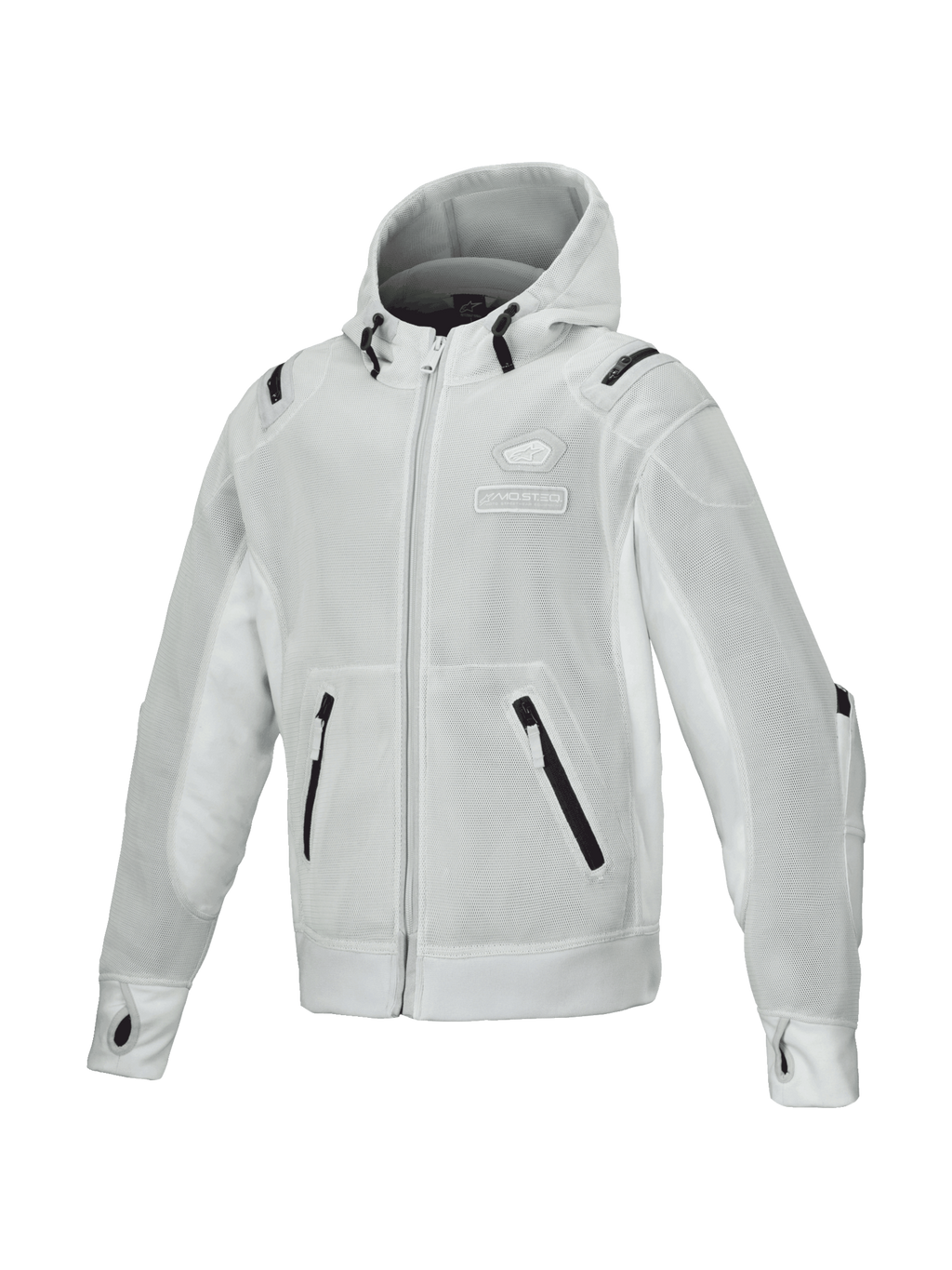 Alpinestars Moflow Air Tech jacka med huva för herrar, grå urban MC-jacka i ventilerande högdensitetsmesh, Tech-Air Ready med tumhål i ärmsluten, lätt design för stadskörning.