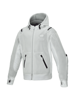 Alpinestars Moflow Air Tech jacka med huva för herrar, grå urban MC-jacka i ventilerande högdensitetsmesh, Tech-Air Ready med tumhål i ärmsluten, lätt design för stadskörning.
