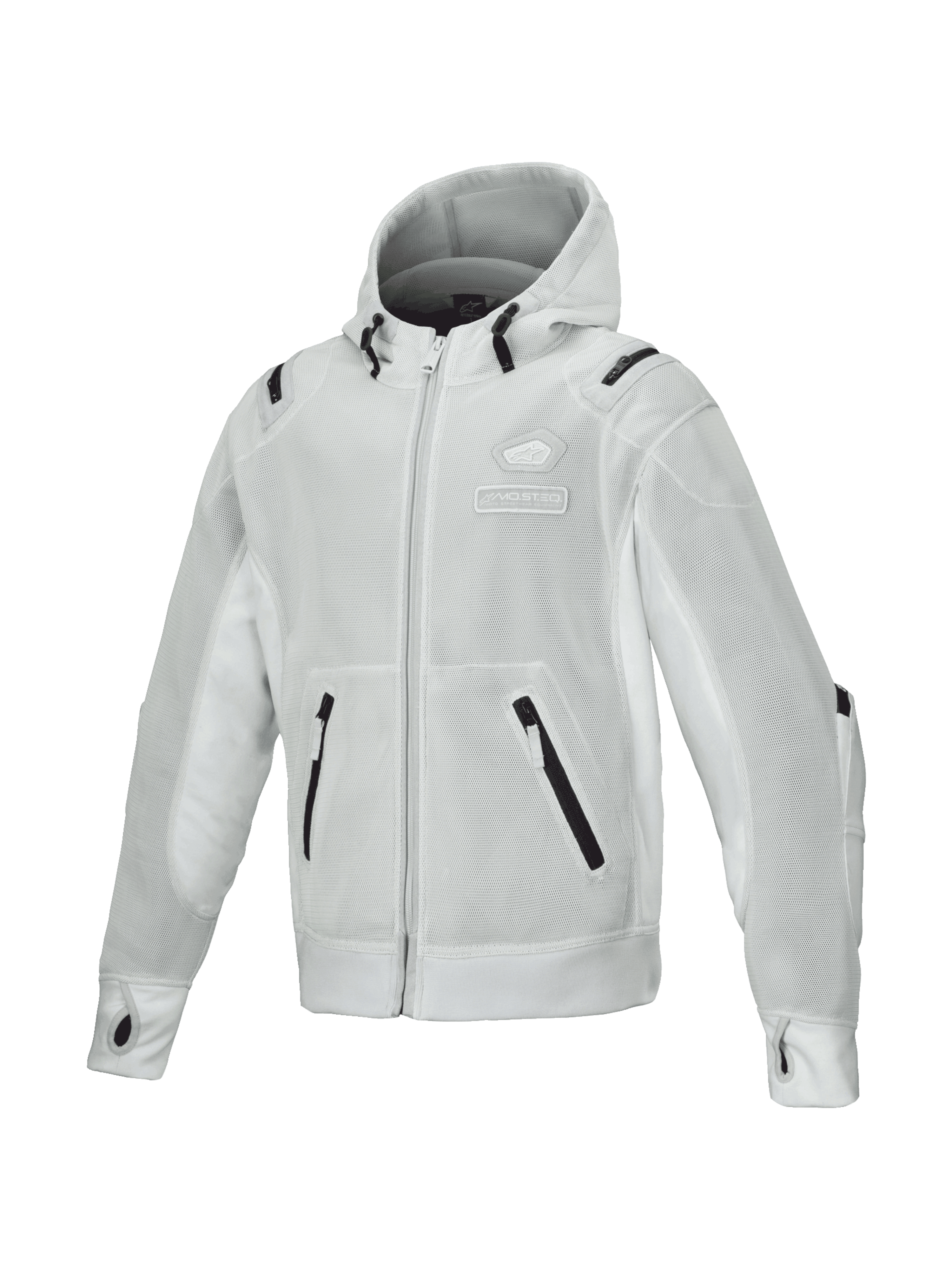 Alpinestars Moflow Air Tech jacka med huva för herrar, grå urban MC-jacka i ventilerande högdensitetsmesh, Tech-Air Ready med tumhål i ärmsluten, lätt design för stadskörning.
