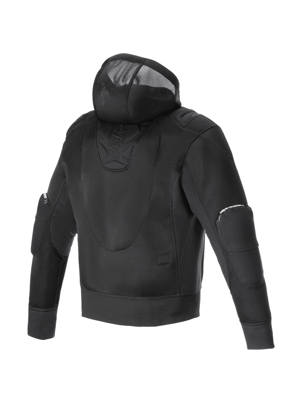 Alpinestars Moflow Air Tech jacka med huva, svart urban motorcykeljacka för herrar i ventilerad mesh, vy bakifrån.
